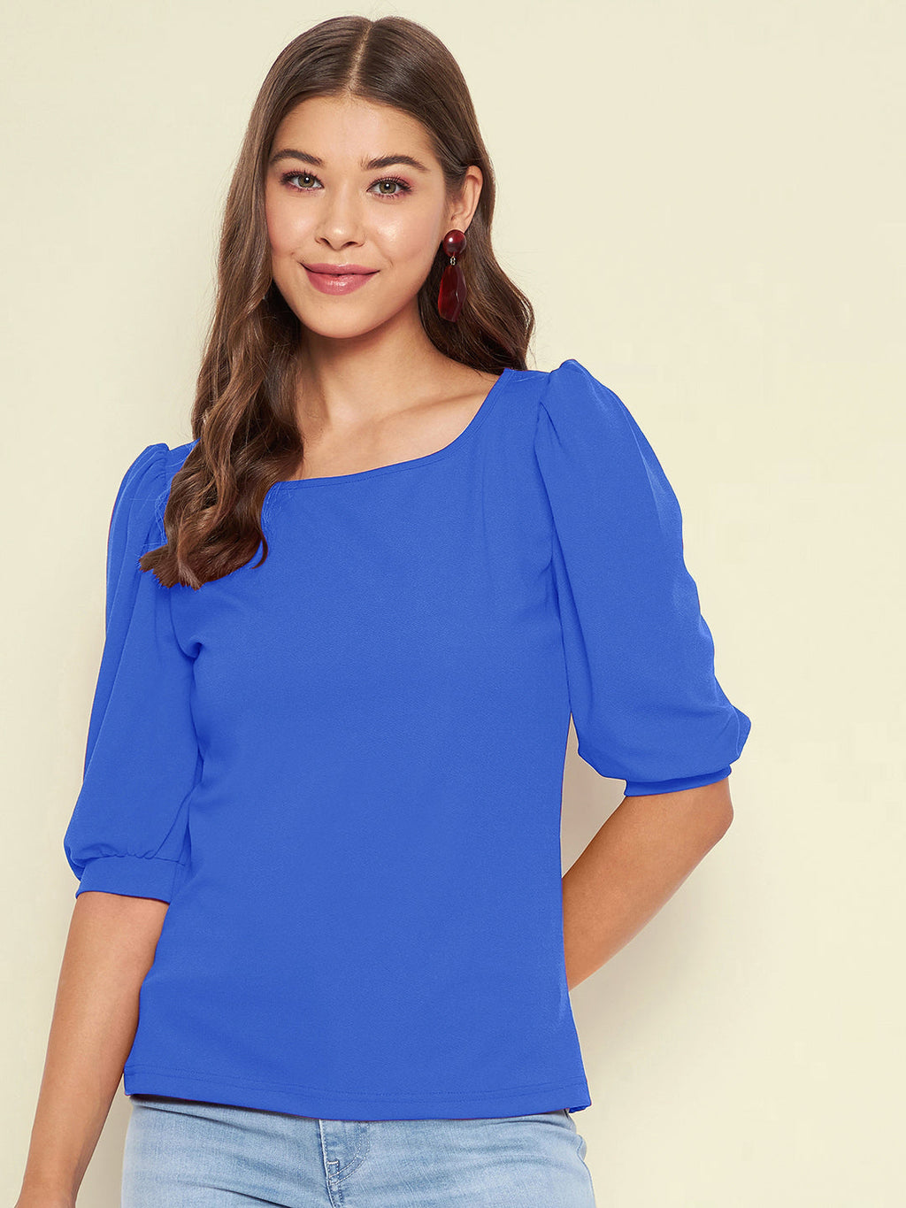 Cotton Solid Stretchable Round Neck Puff Sleeve Top