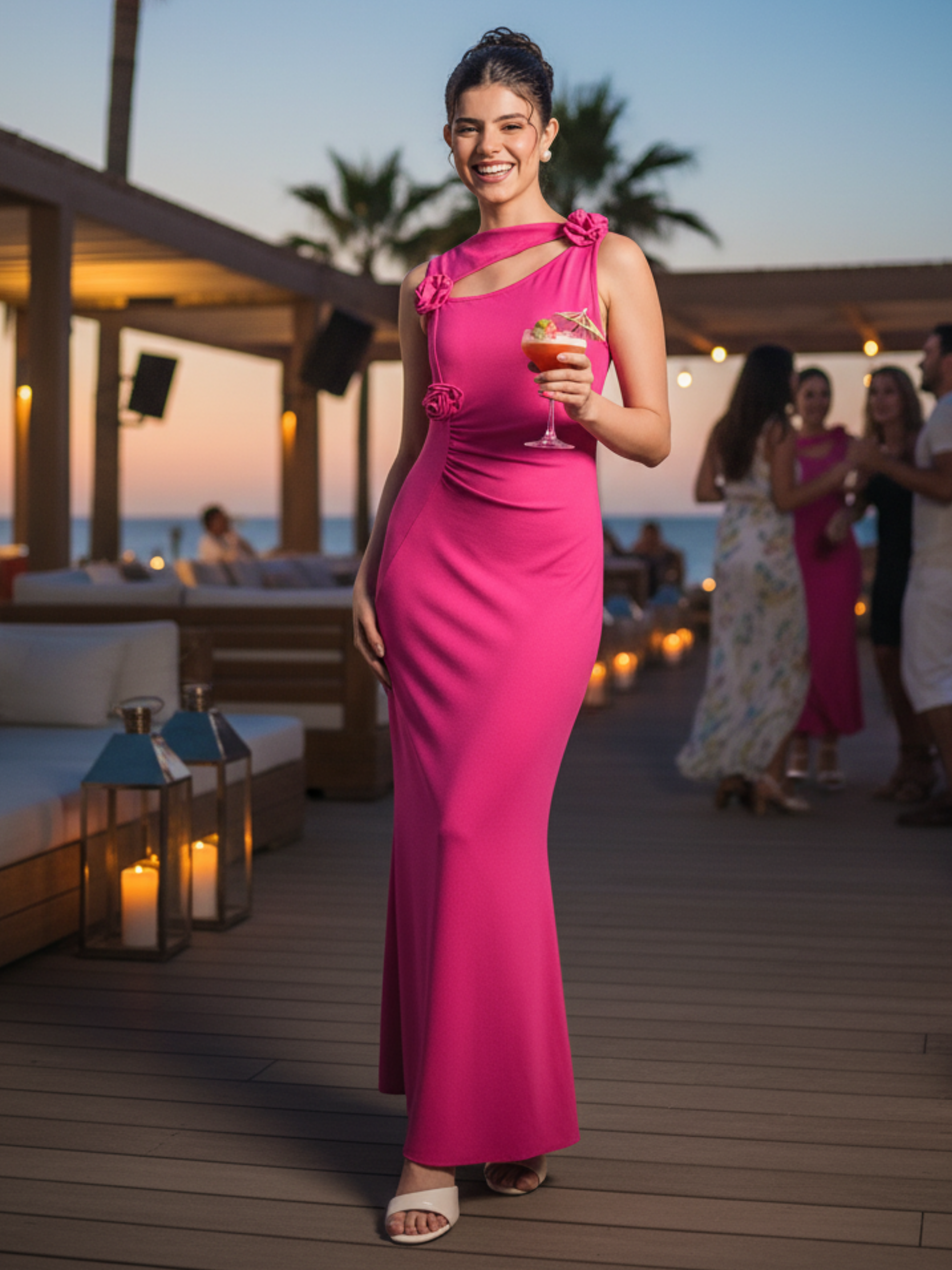 Stretchable Cutout Rosette Maxi Dress - Pinkkup