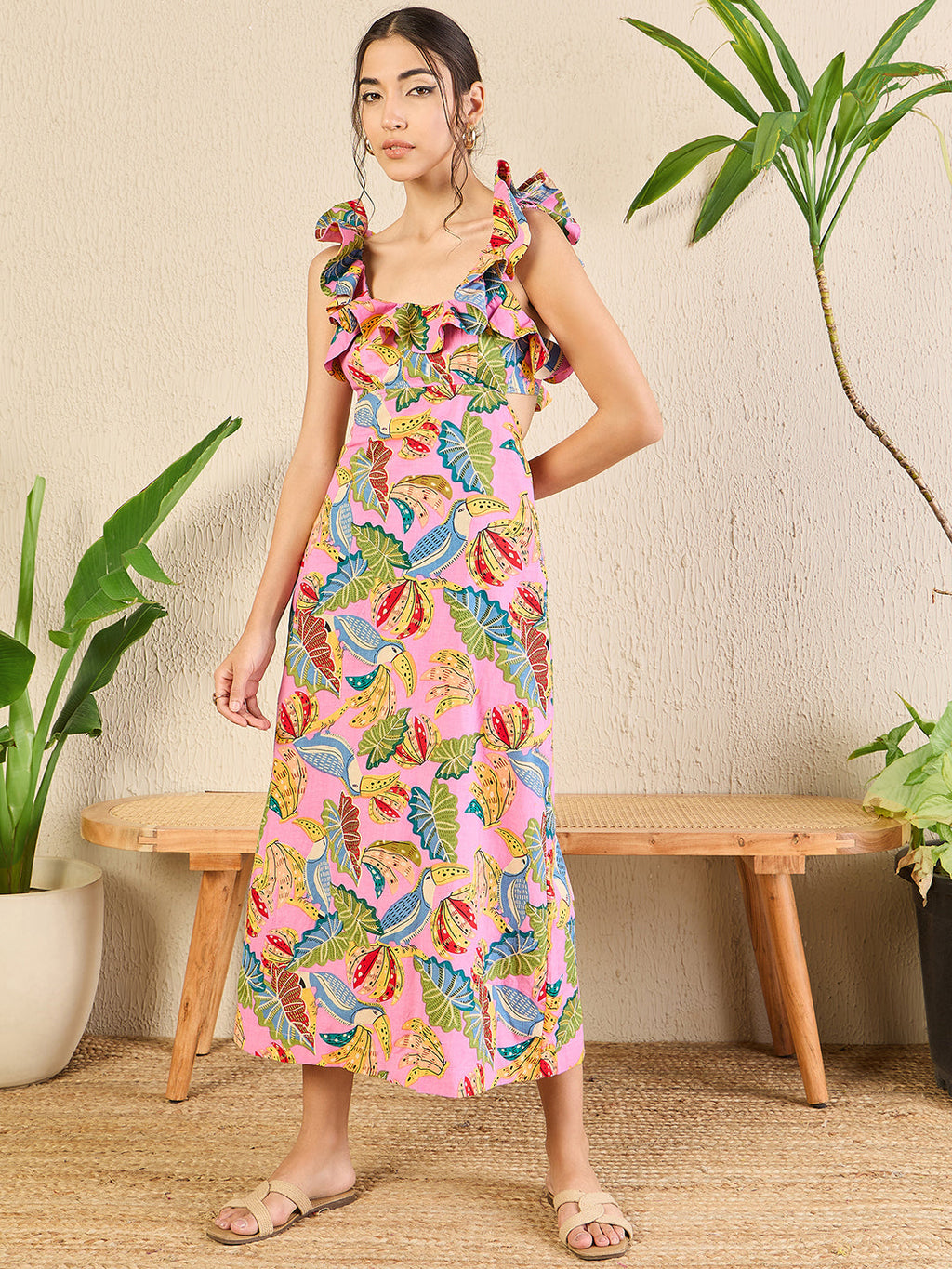 Printed Frilled Scoop Neck Linen Dress