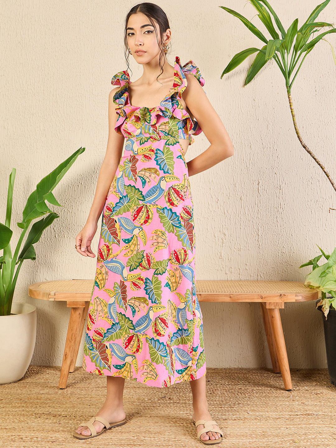 Printed Frilled Scoop Neck Linen Dress