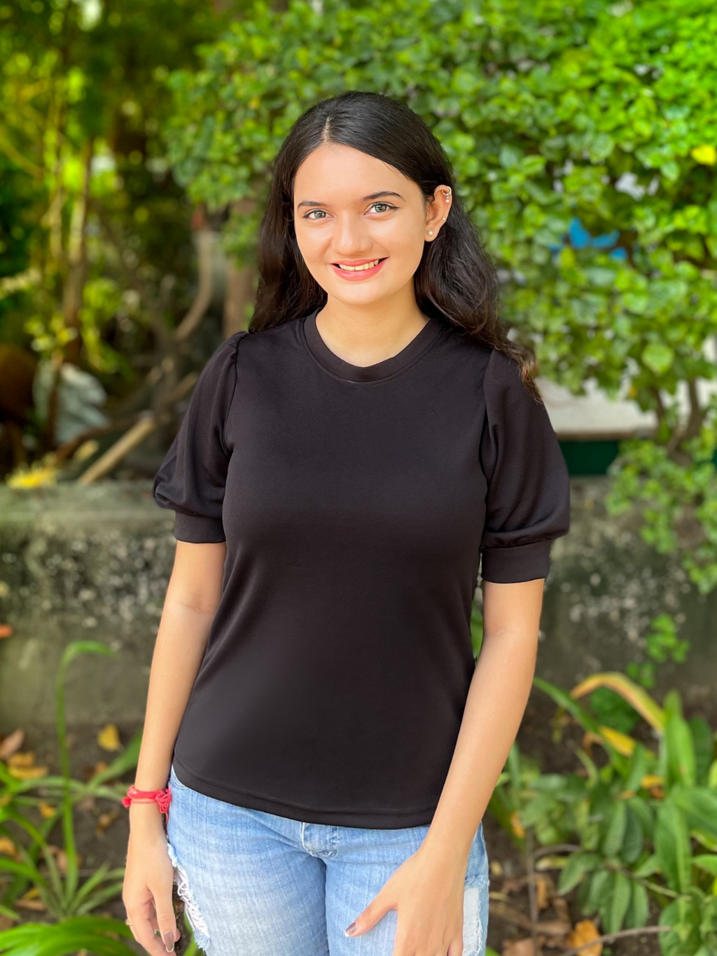 Cotton Solid Stretchable High Neck Puff Sleeve Top - Pinkkup