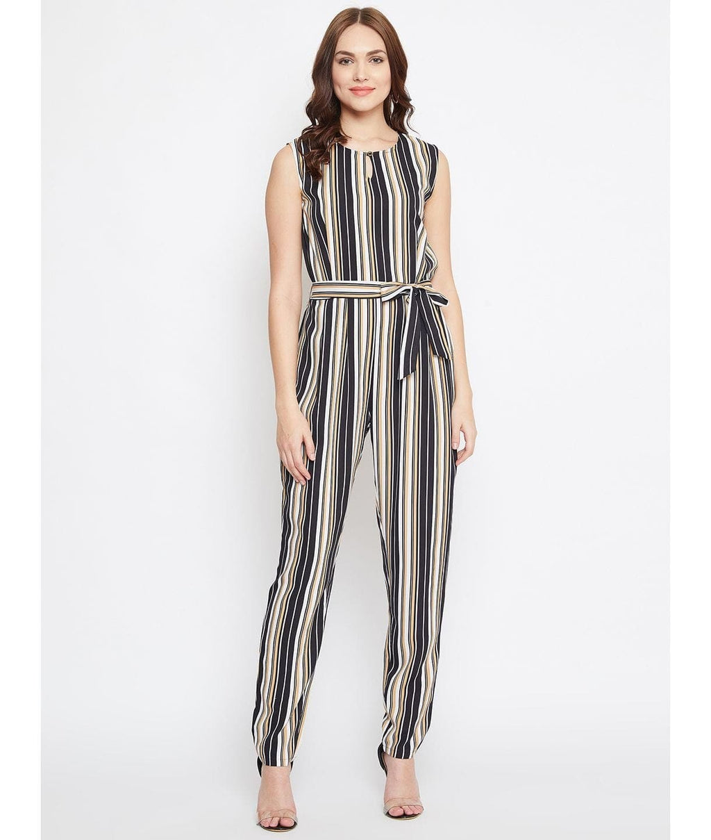 Striped Keyhole Jumpsuit with Belt - Pinkkup