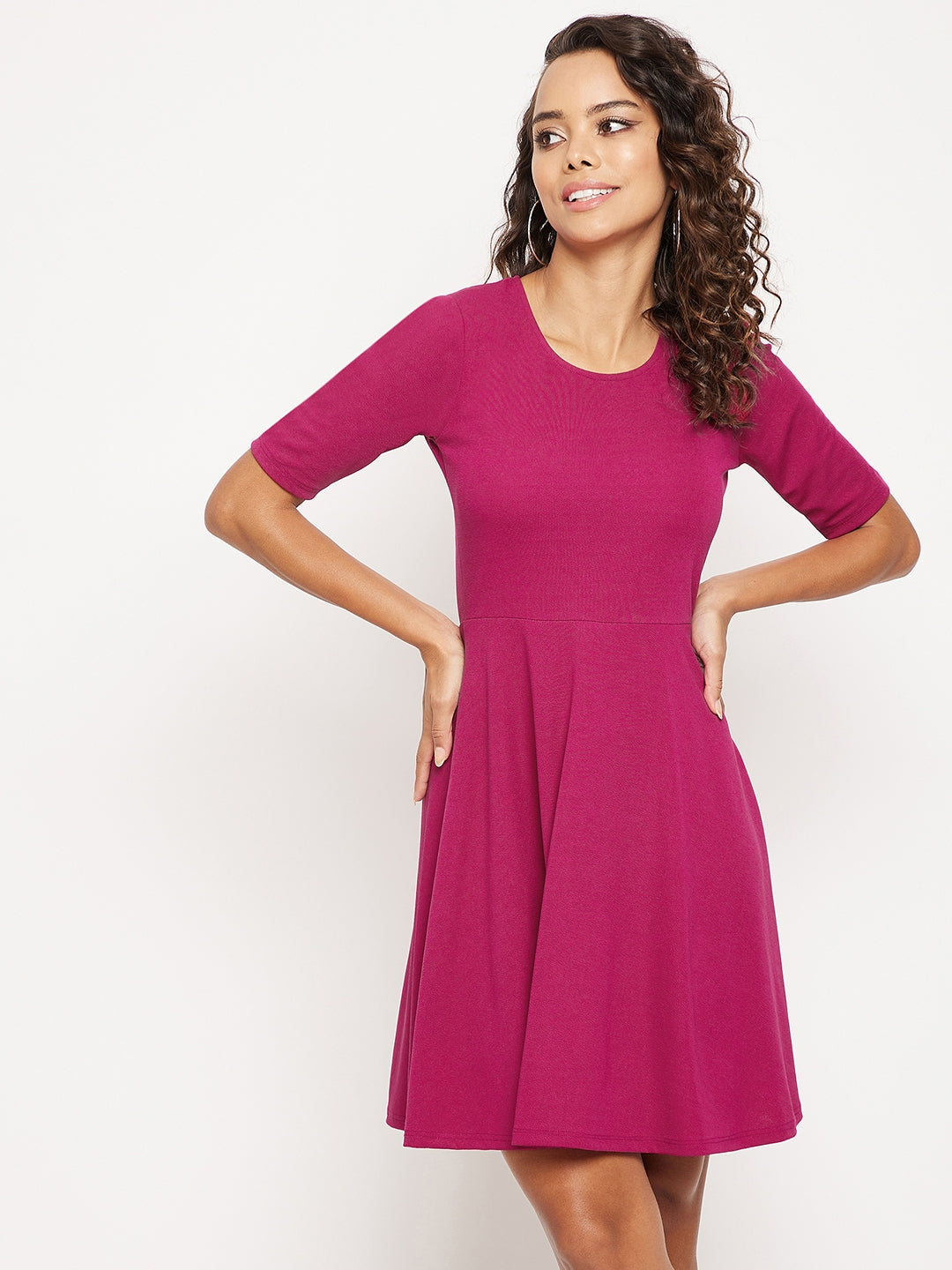 Round Neck Stretchable Skater Cotton Dress - Pinkkup