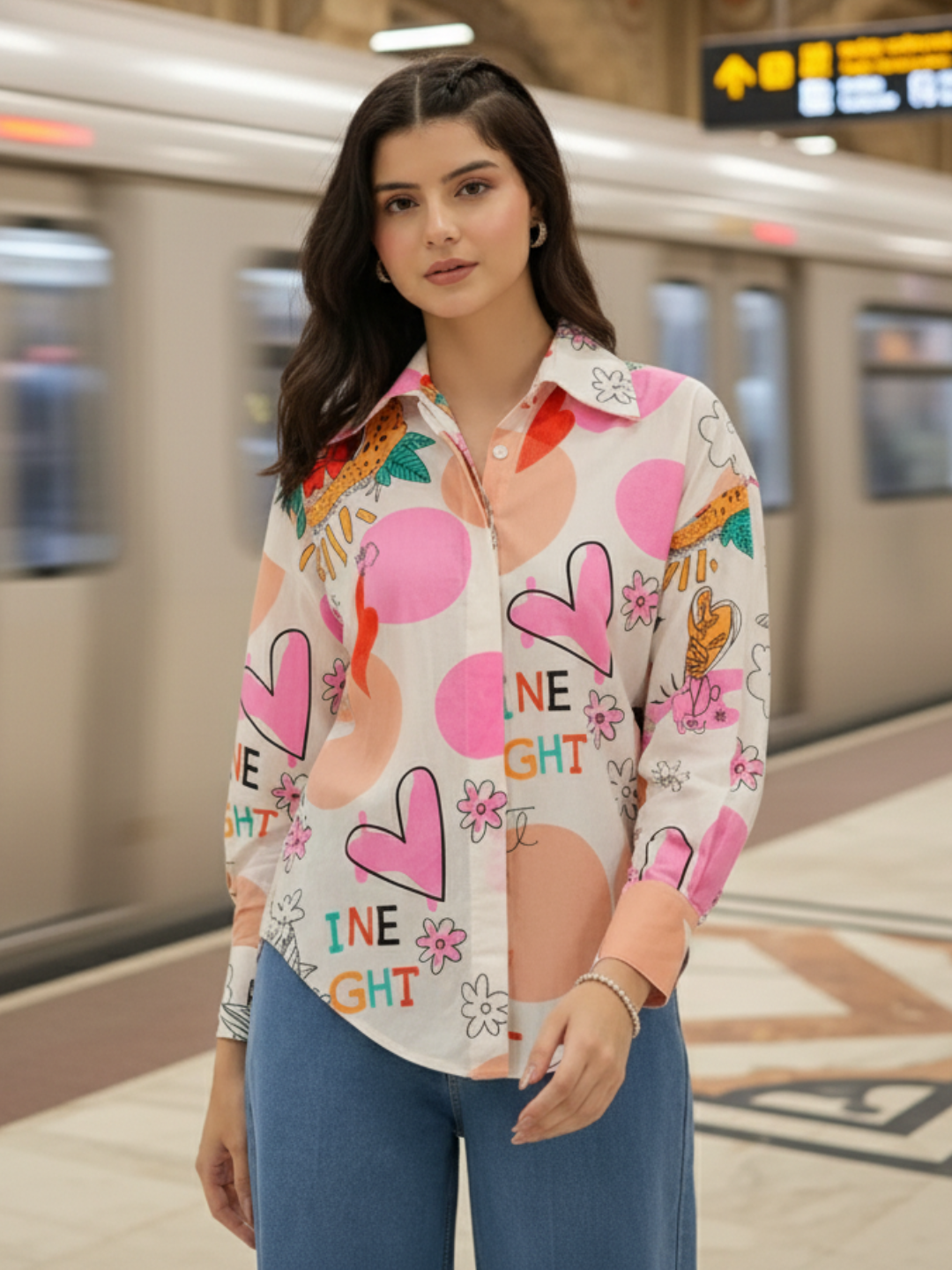 Printed Asymmetrical Cotton Shirt - Pinkkup