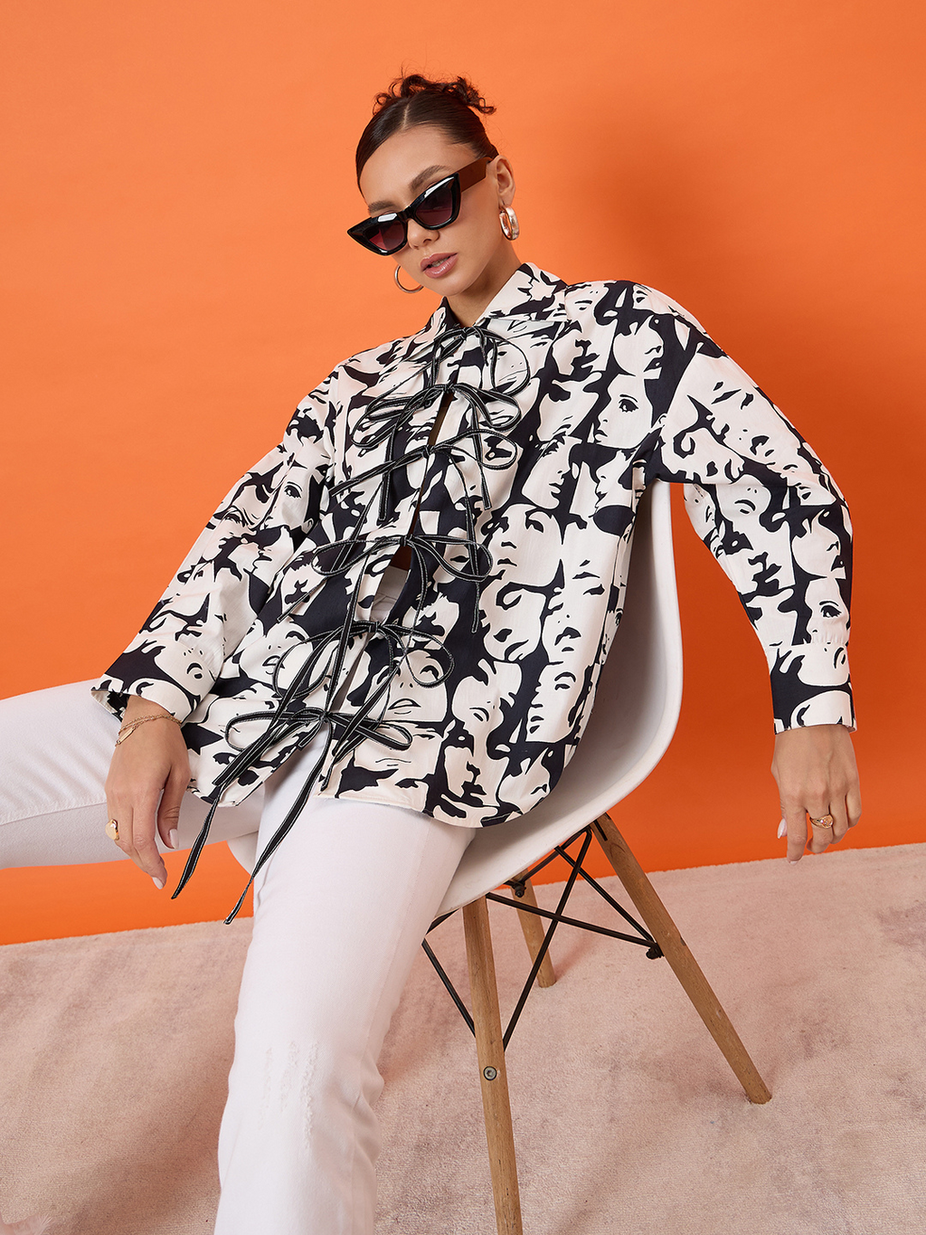 Printed Tie-Up Full Sleeve Cotton Shirt - Pinkkup