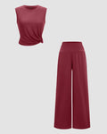 Sleeveless Twist Front Top and Wide Leg Pants Co-Ord Set in Maroon