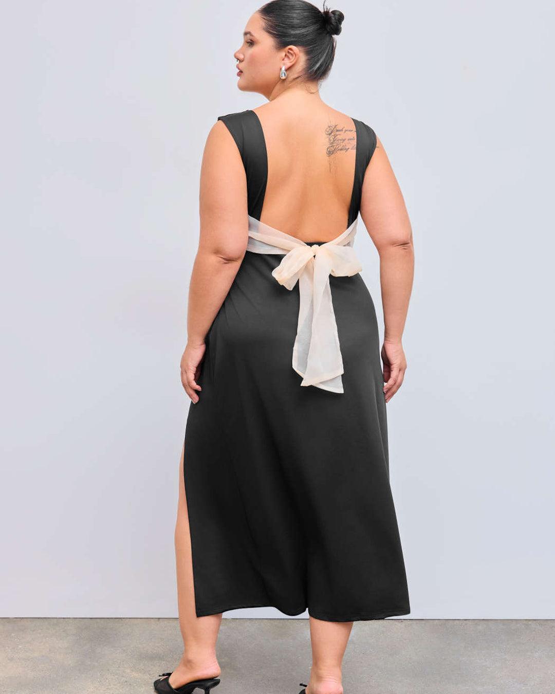 Square Neckline Ruched Split Bowknot Maxi Dress Curve & Plus