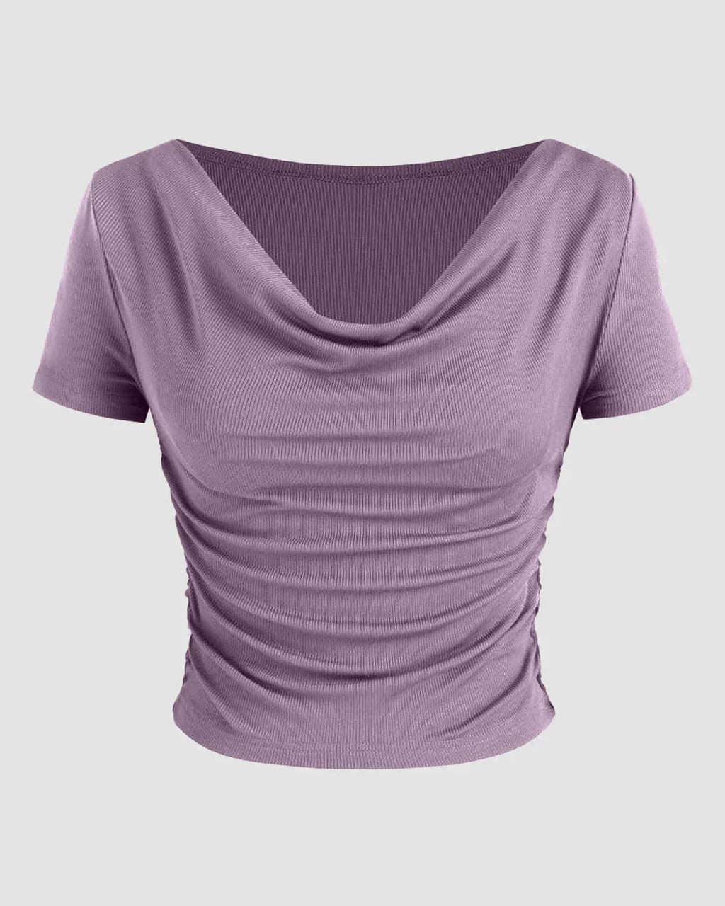 Ruched Short-Sleeve Cowl Neck Top In Lilac