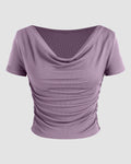 Ruched Short-Sleeve Cowl Neck Top In Lilac