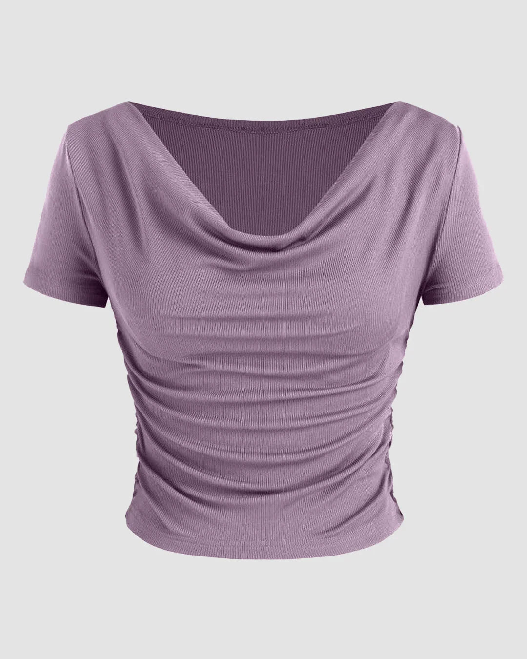 Ruched Short-Sleeve Cowl Neck Top In Lilac