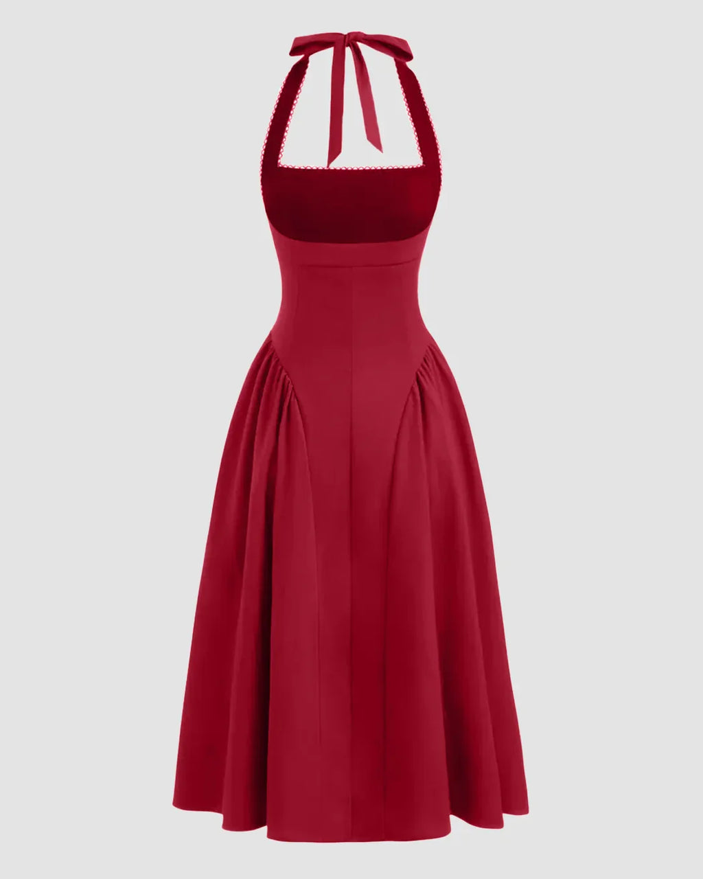 Halter Neck Pleated A-Line Midi Dress in Cherry