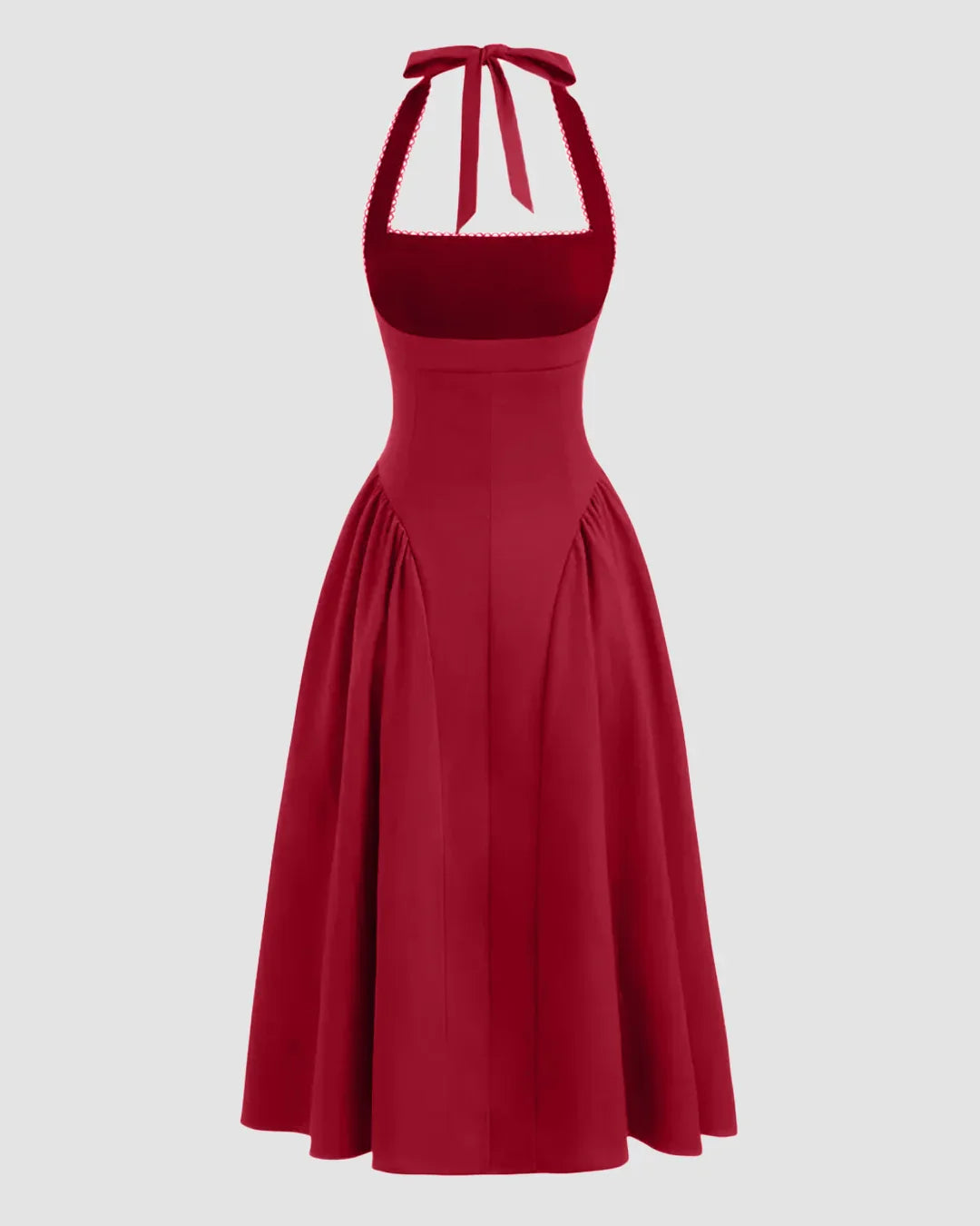 Halter Neck Pleated A-Line Midi Dress in Cherry