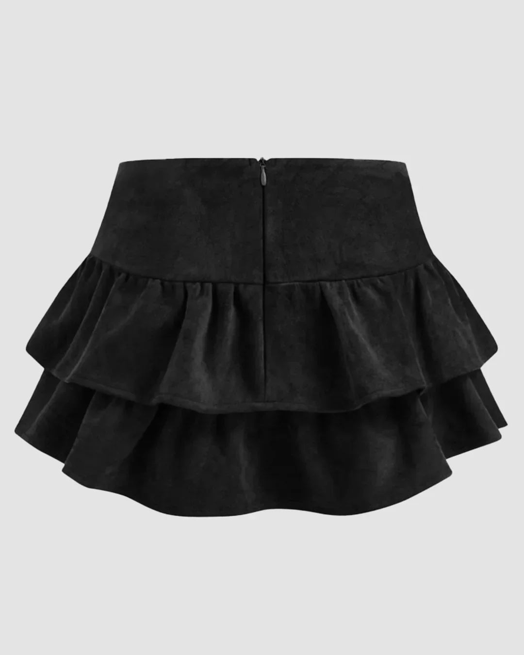Suede Low Rise Ruched Layered Mini Skirt in Black