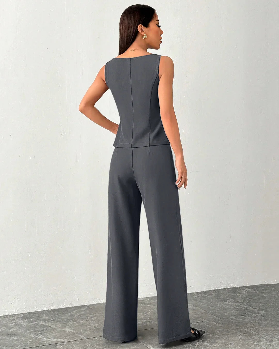 Sleeveless Buttoned Vest & Wide-Leg Trouser Co-ord in Dark Grey