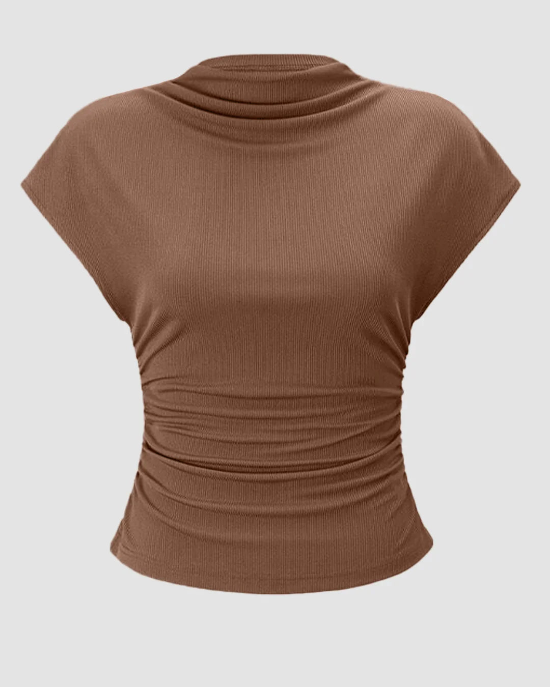 High Neck Ruched Stretch Top in Piecan Pie