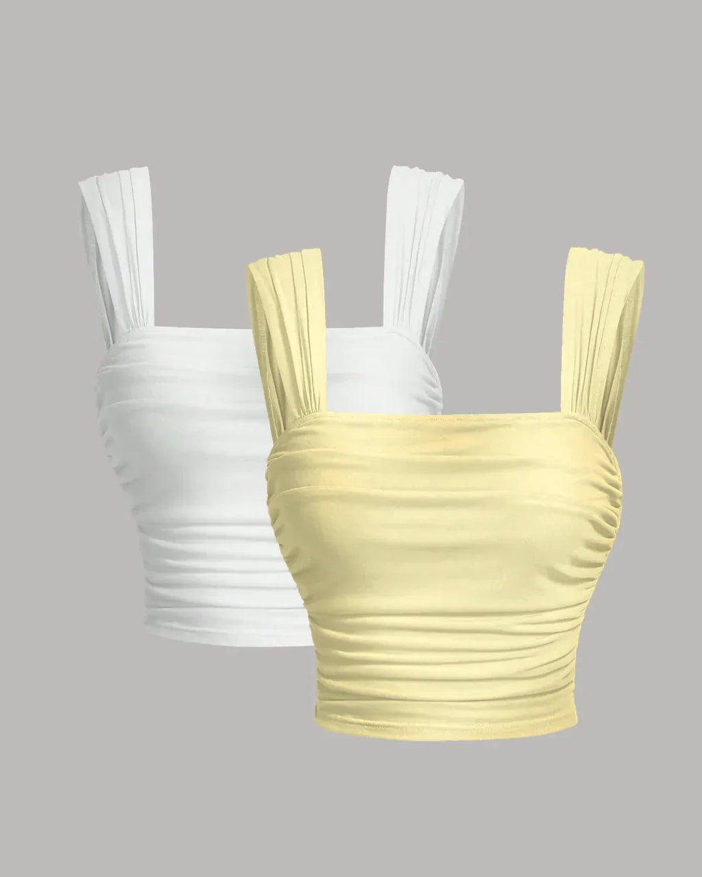 Twin Pack Ruched Square Neck Tops  In White and French Vanilla
