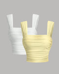 Twin Pack Ruched Square Neck Tops  In White and French Vanilla