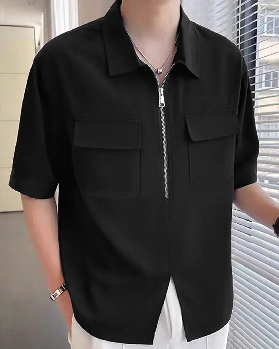 Men Black Zip Front Pocket Detail Short Sleeve Shirt