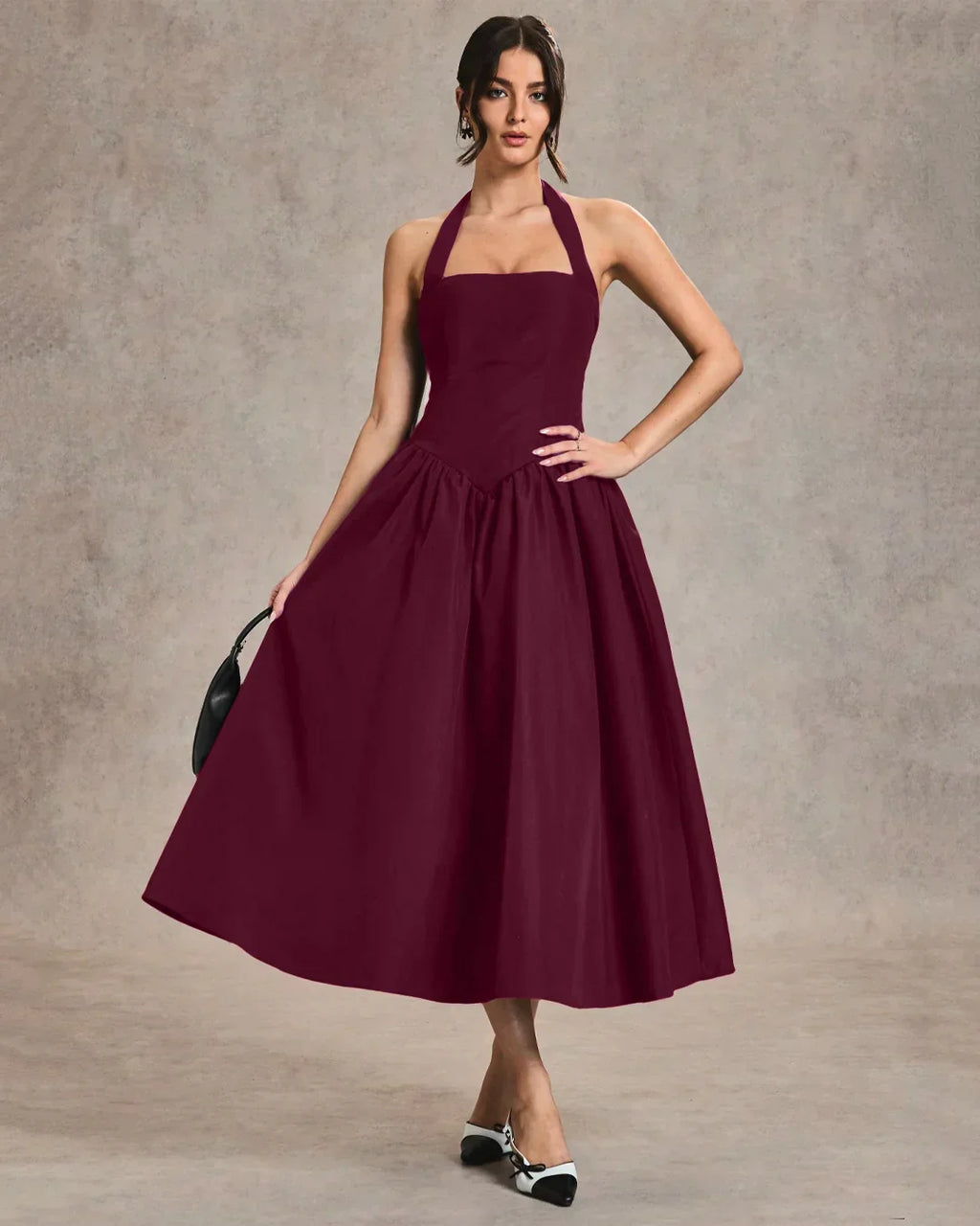 Burgundy Halter Neck A-Line Midi Dress