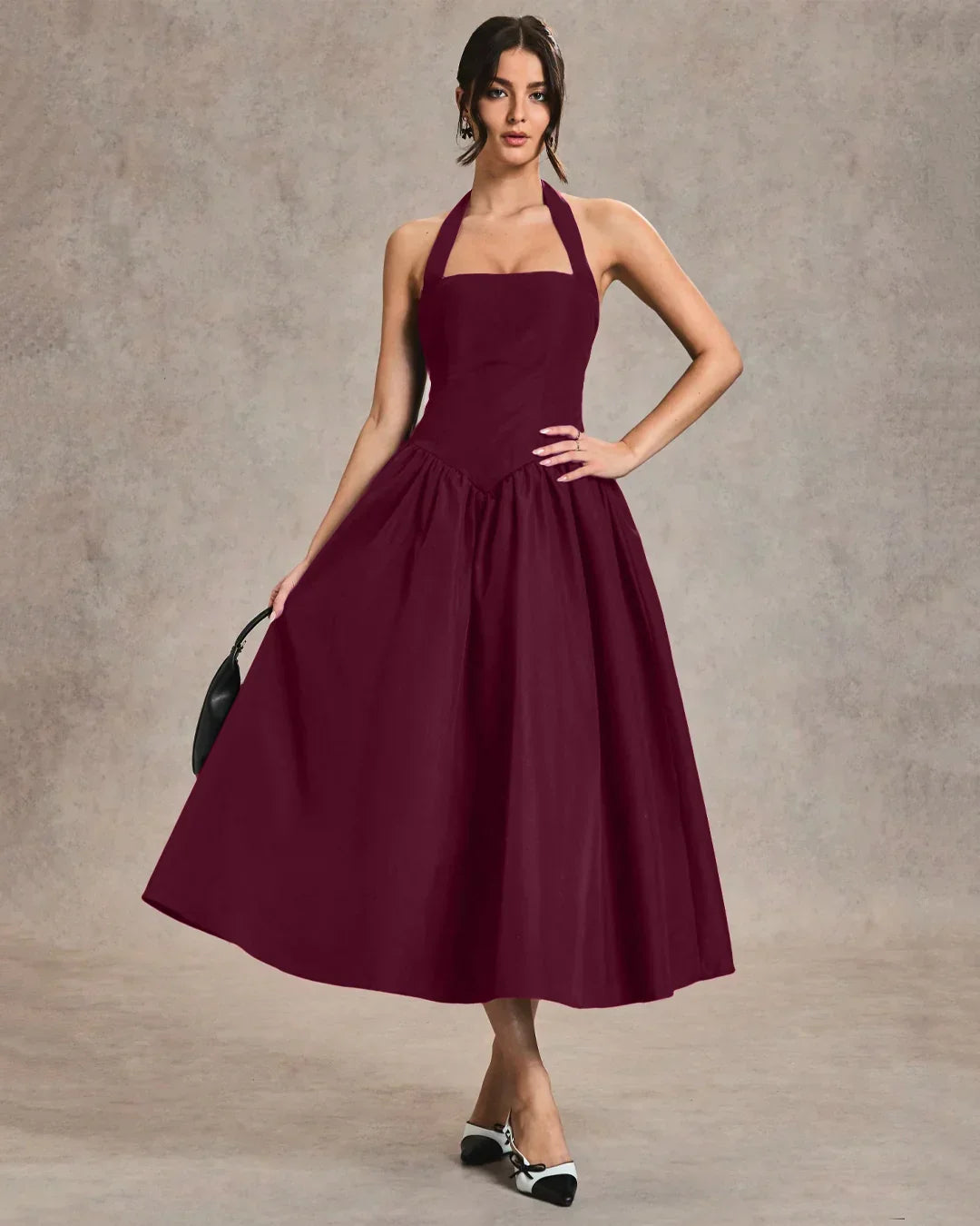 Burgundy Halter Neck A-Line Midi Dress