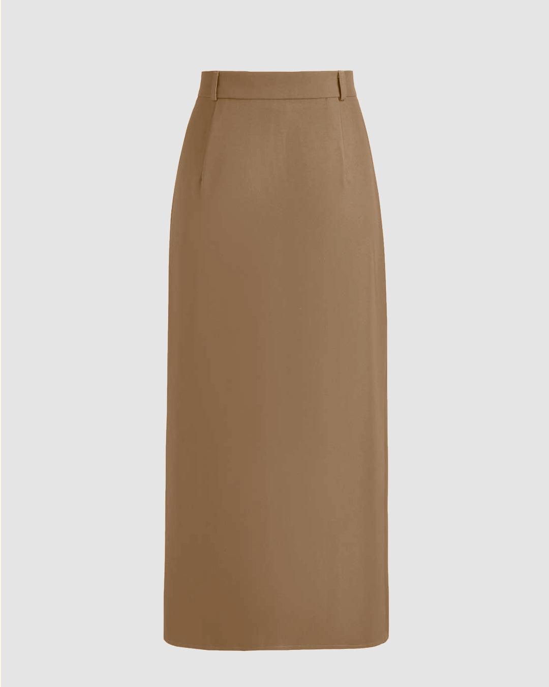High Waisted Solid Front Slit Maxi Skirt In Brown