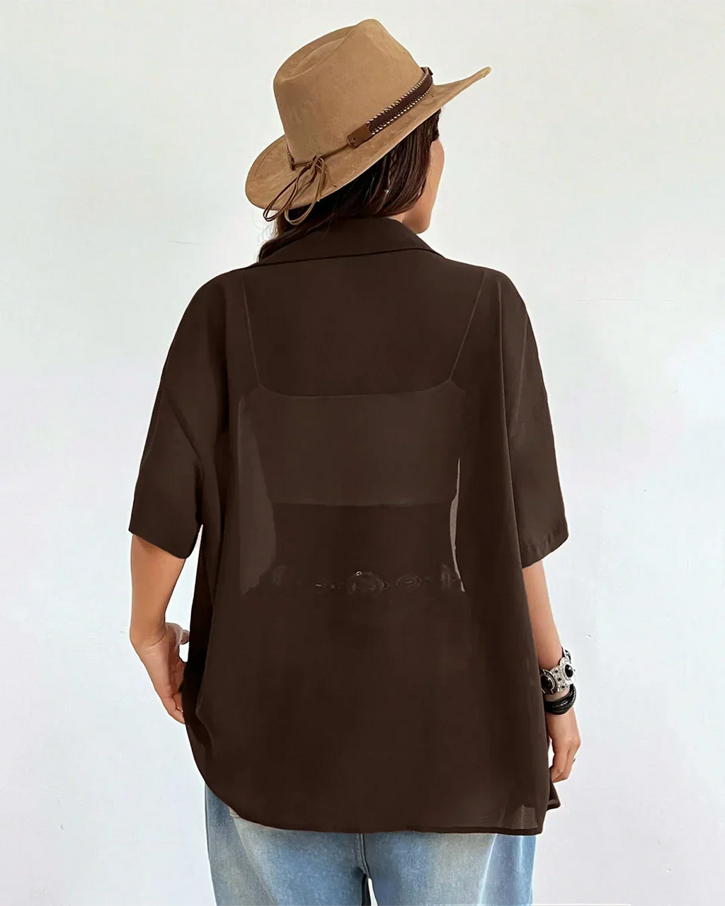 Sheer Button-Down Oversized Shirt in Coffee
