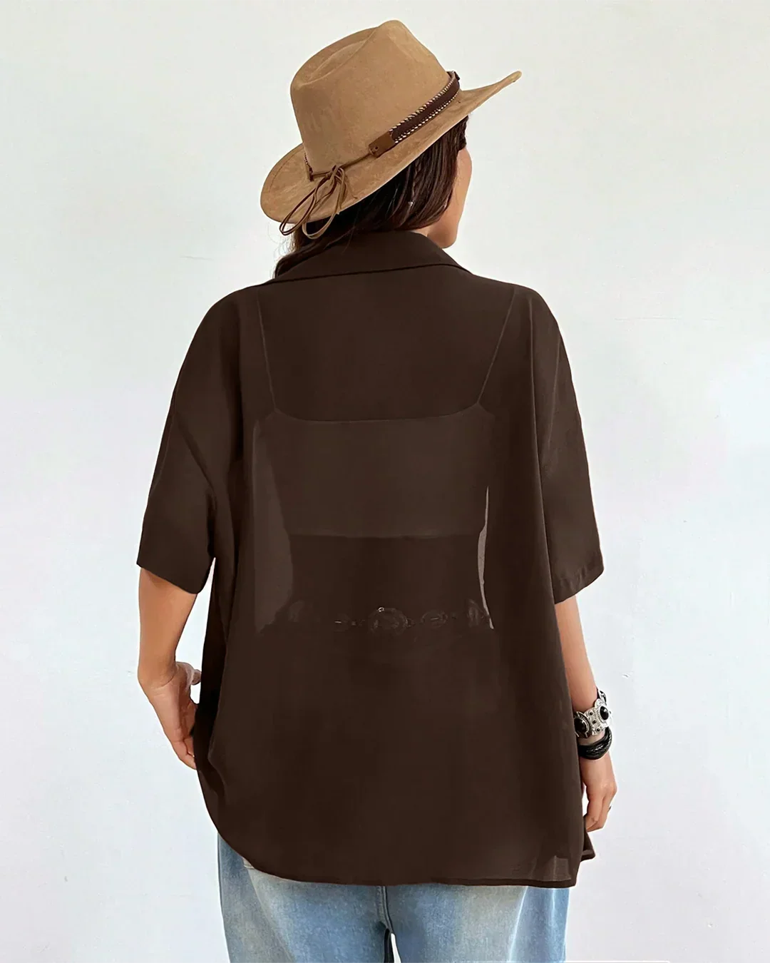 Sheer Button-Down Oversized Shirt in Coffee