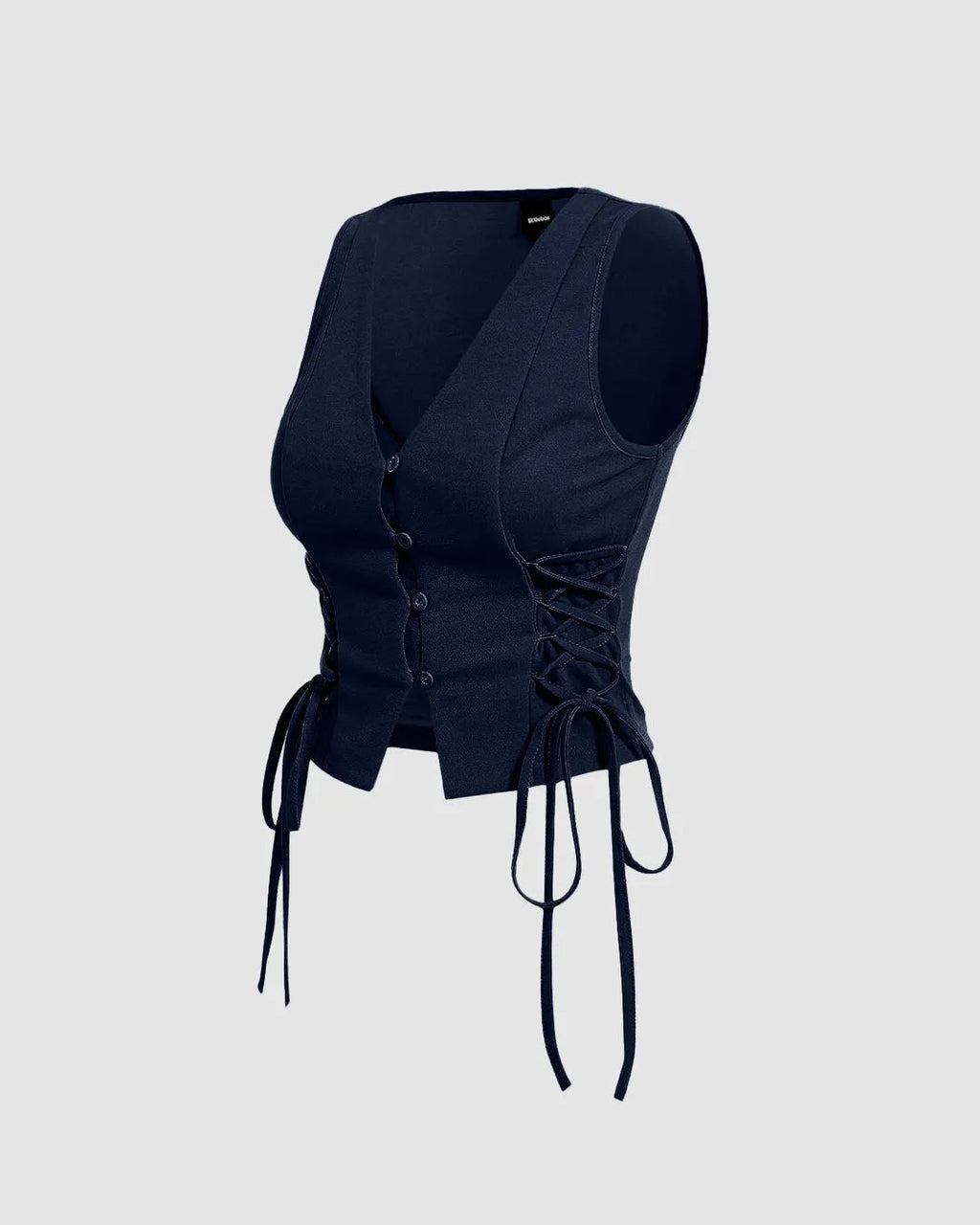 Lace-Up Side Button-Down Sleeveless Vest Top in Navy Blue