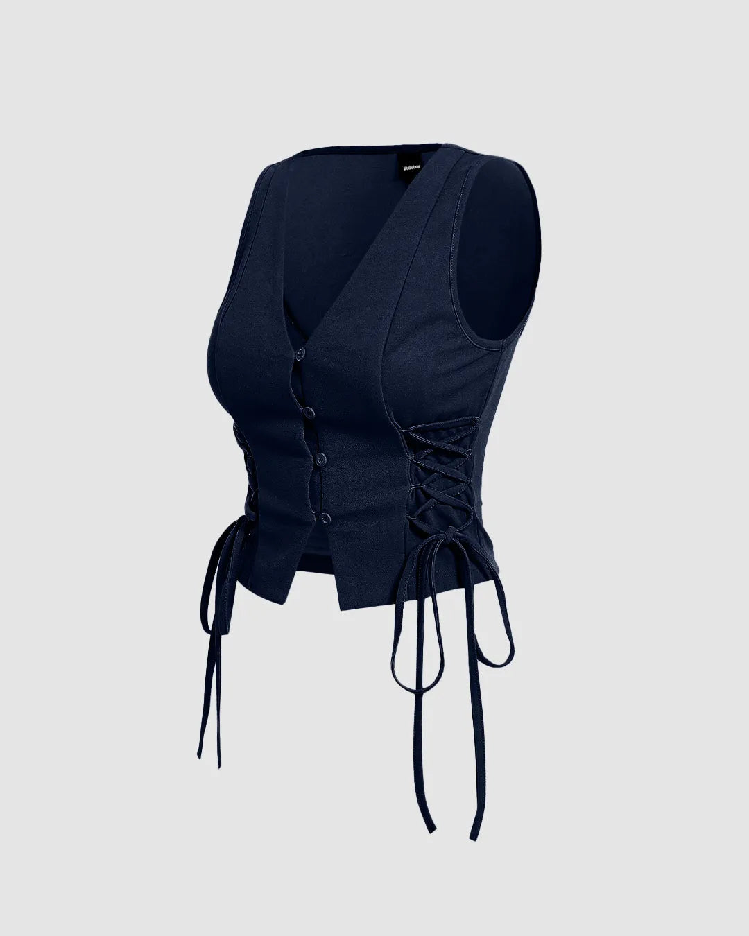 Lace-Up Side Button-Down Sleeveless Vest Top in Navy Blue