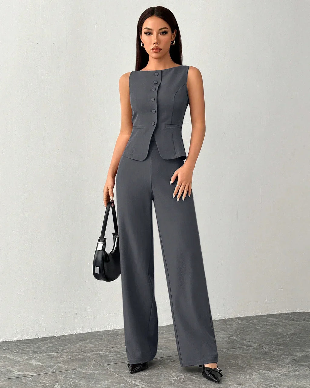 Sleeveless Buttoned Vest & Wide-Leg Trouser Co-ord in Dark Grey