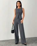 Sleeveless Buttoned Vest & Wide-Leg Trouser Co-ord in Dark Grey