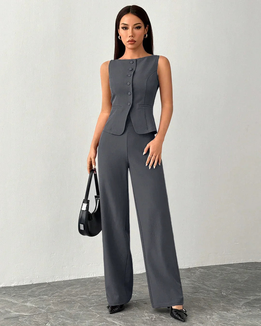 Sleeveless Buttoned Vest & Wide-Leg Trouser Co-ord in Dark Grey