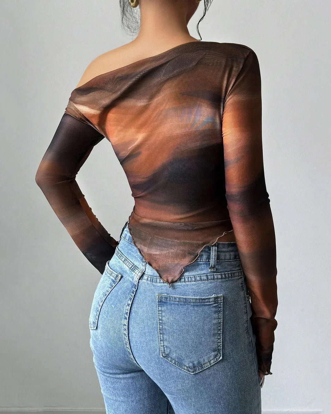 Abstract Print Asymmetric Neck Long Sleeve Fitted Top