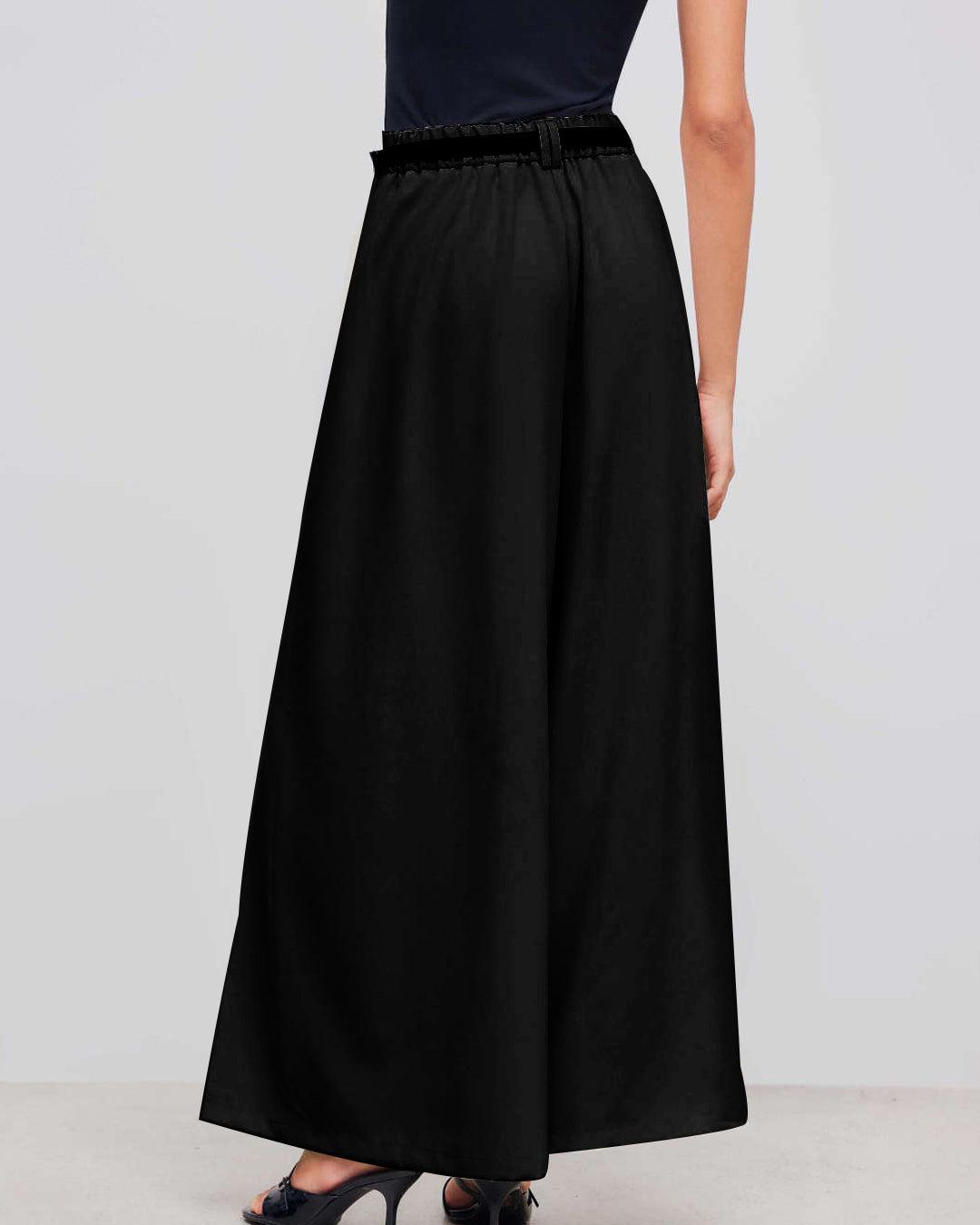 Mid-Rise Woven Black Wide-Leg Pleated Trousers Without Belt