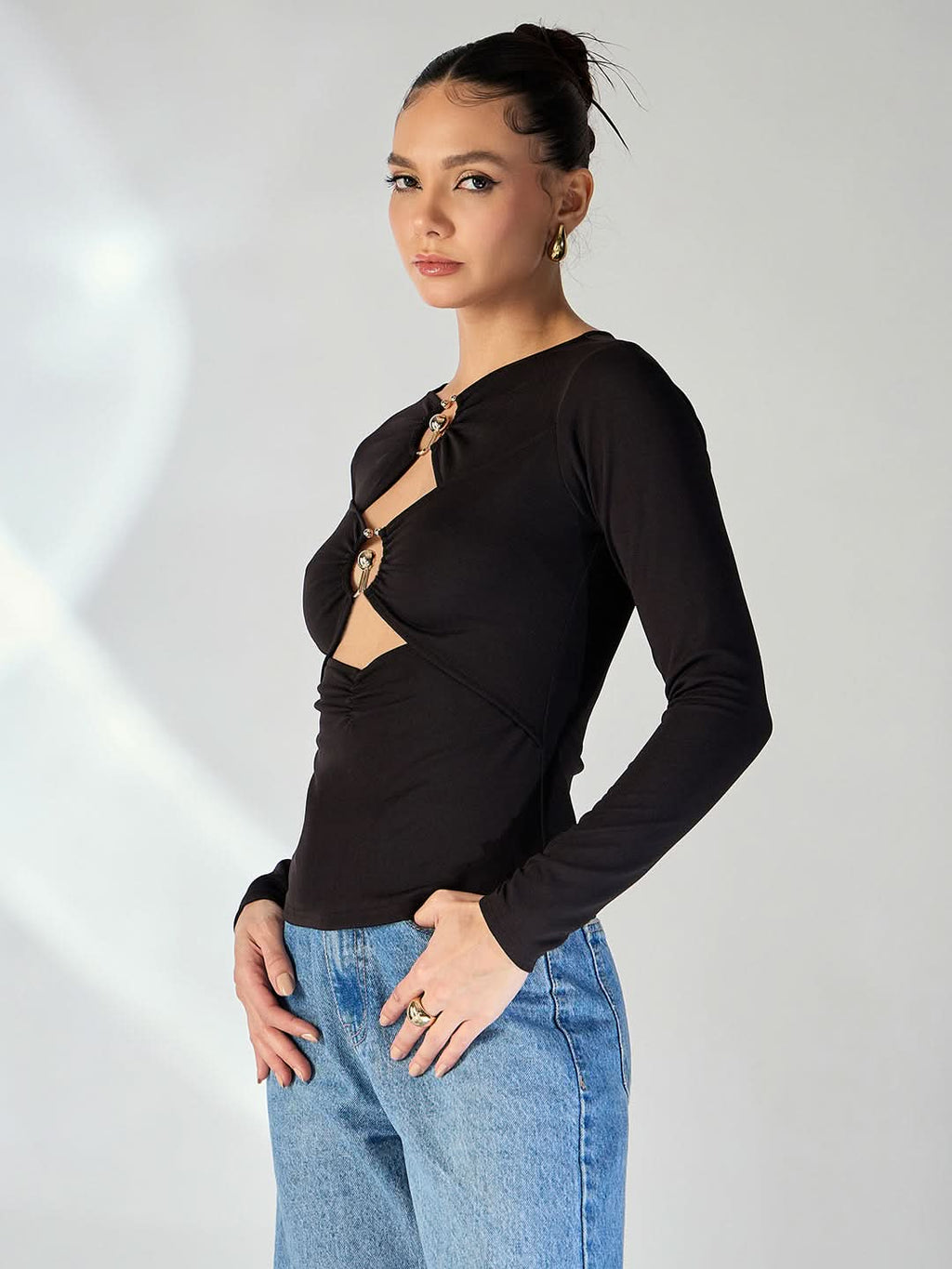 Stretchable Black and Golden Toned Cut-Out Top