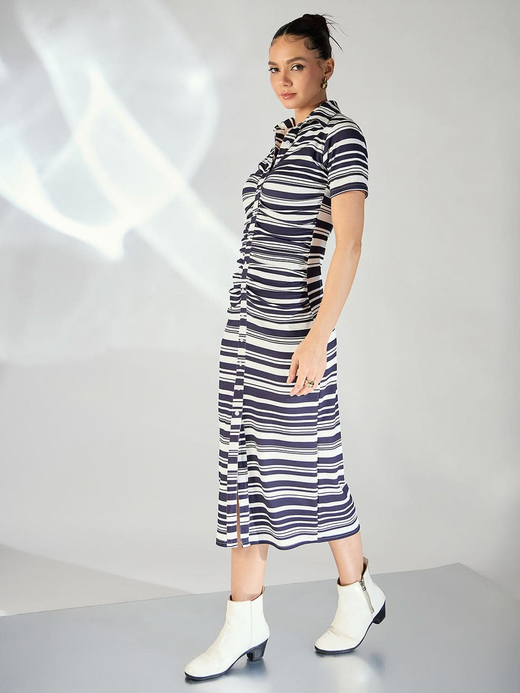 Stretchable Gathered Buttoned Down Midi Dress