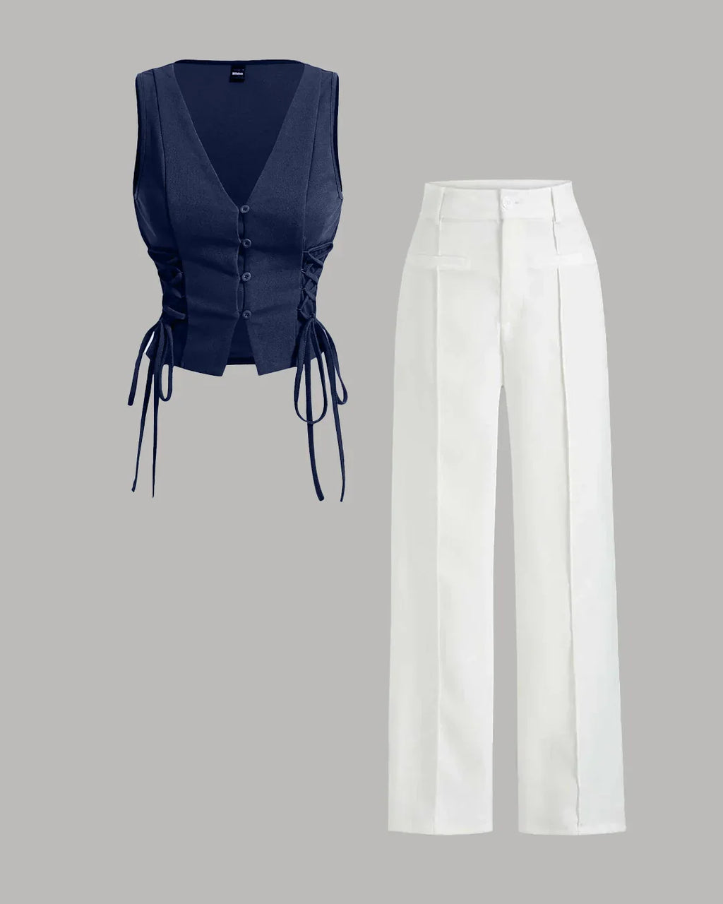 2-Piece Navy Corset Vest & Lace-Up Vest & White Wide-Leg Trouser Set