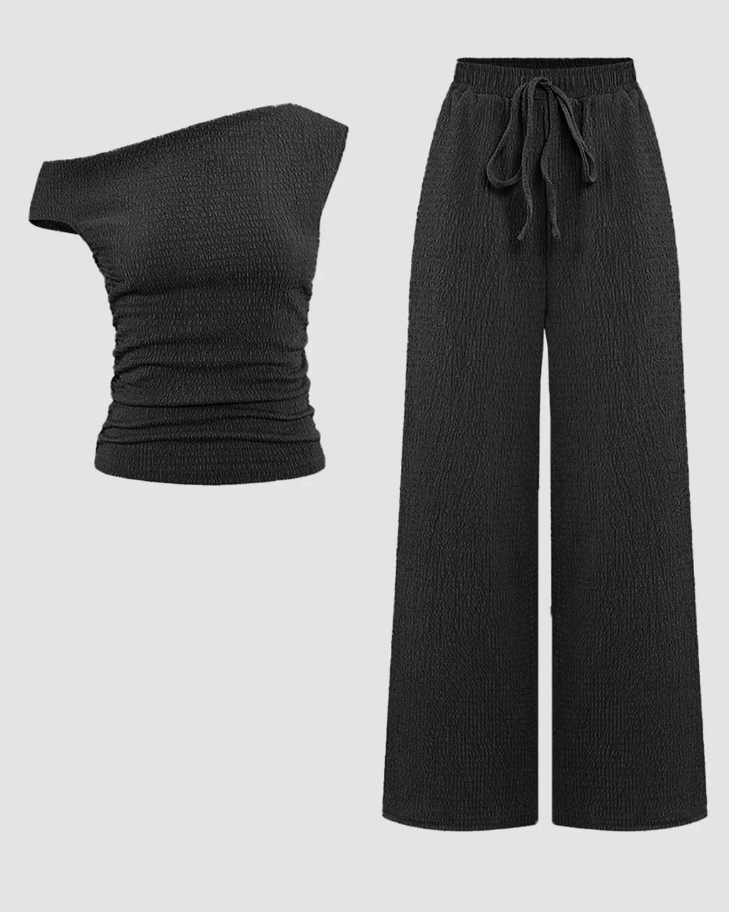One Shoulder Ruched Top & Wide-Leg Trousers Co-ords Set in Black