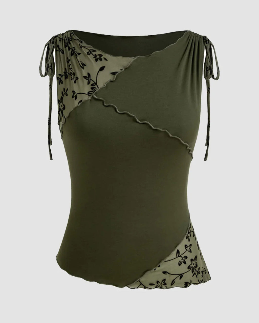 Boat Neck Floral Patched Tank Top in Green