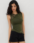 Boat Neck Floral Patched Tank Top in Green