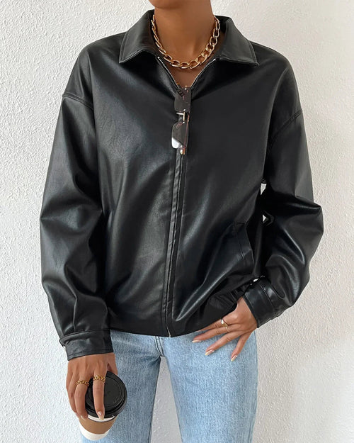 Collar Neck Solid Long Sleeve Leather Jacket in Black