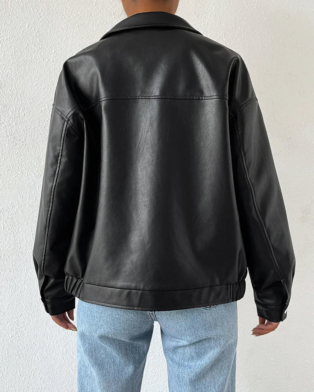 Collar Neck Solid Long Sleeve Leather Jacket in Black