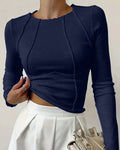 Casual Round Neck Slim Fit Straight Hem Ribbed Long Sleeve Top in Navy Blue