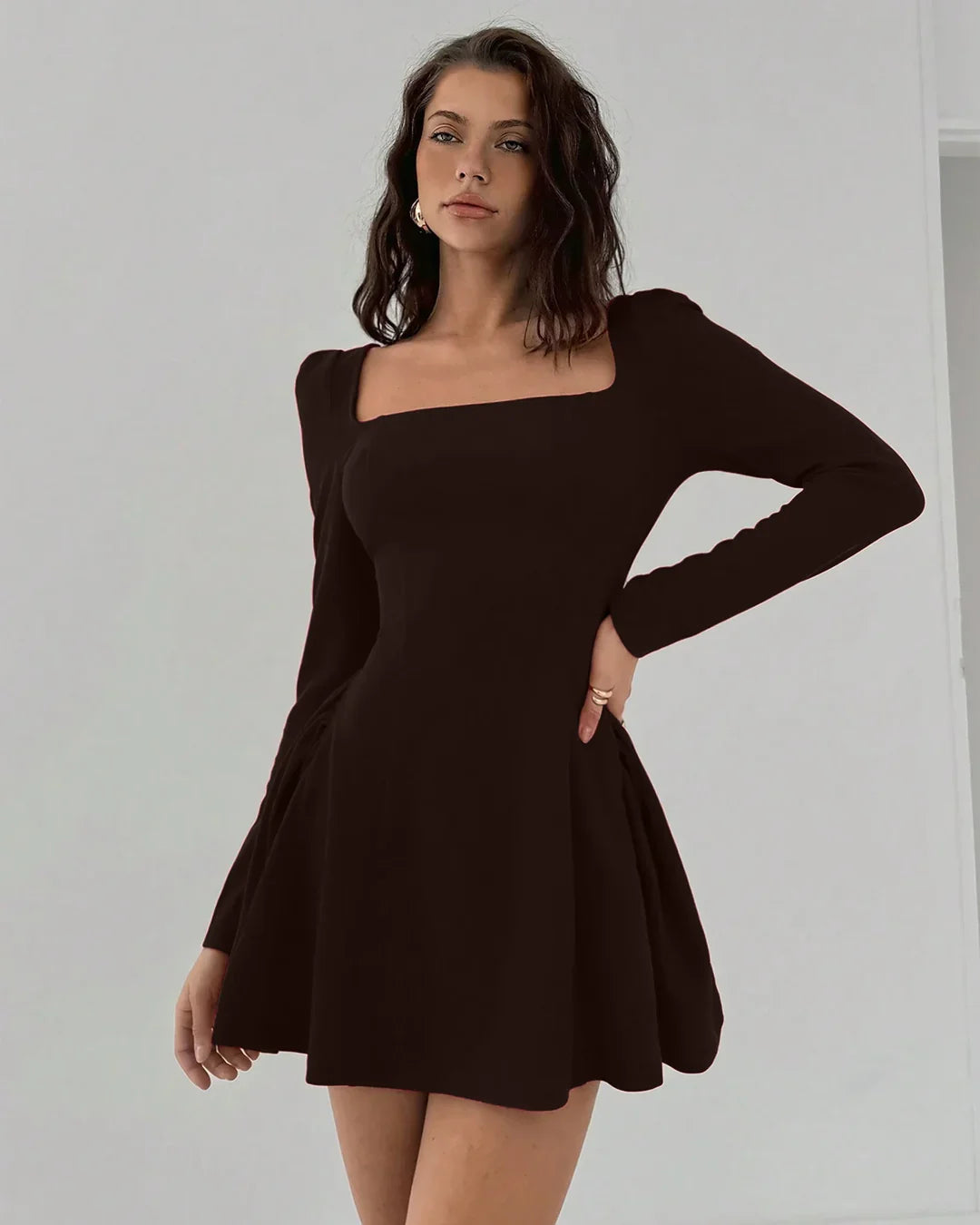 Solid Coffee Square Neck A-Line Peplum Mini Dress