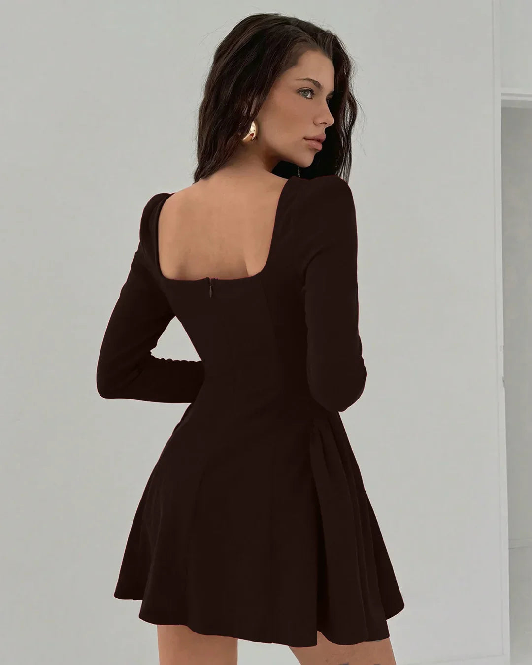 Solid Coffee Square Neck A-Line Peplum Mini Dress