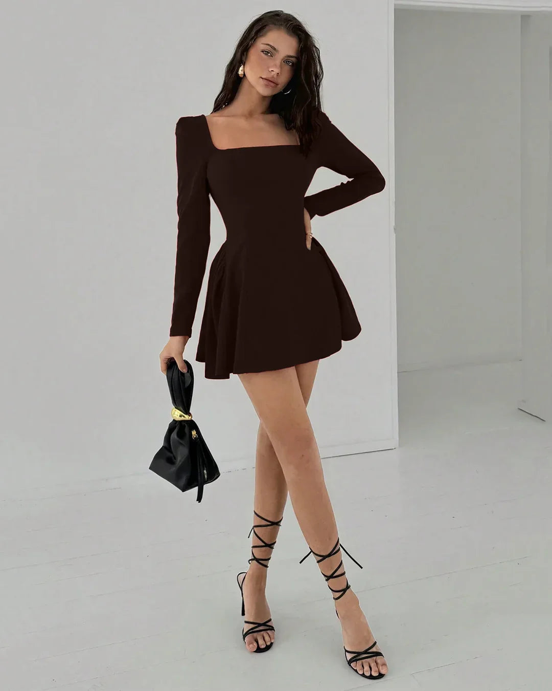 Solid Coffee Square Neck A-Line Peplum Mini Dress