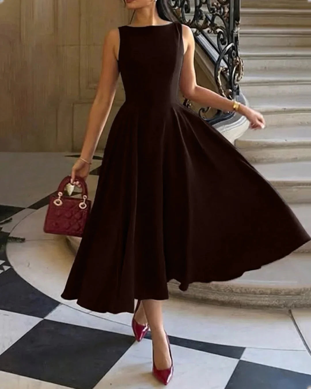 Sleeveless Boat Neck Fit & Flare Midi Dress in Brown
