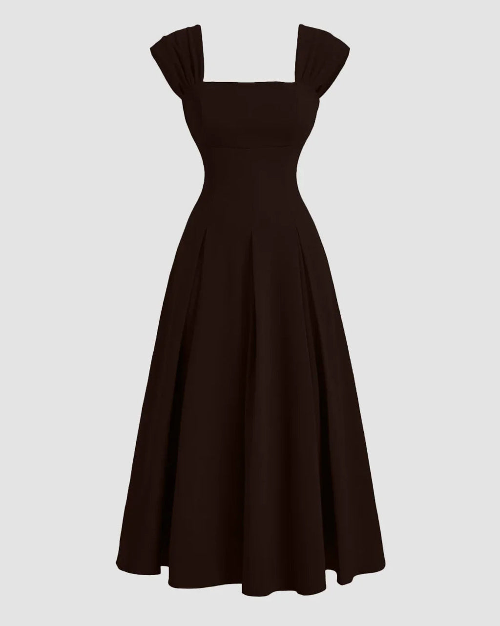 Shell Sleeve Pleated Umbrella Maxi Dress in Coffee