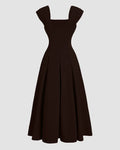 Shell Sleeve Pleated Umbrella Maxi Dress in Coffee
