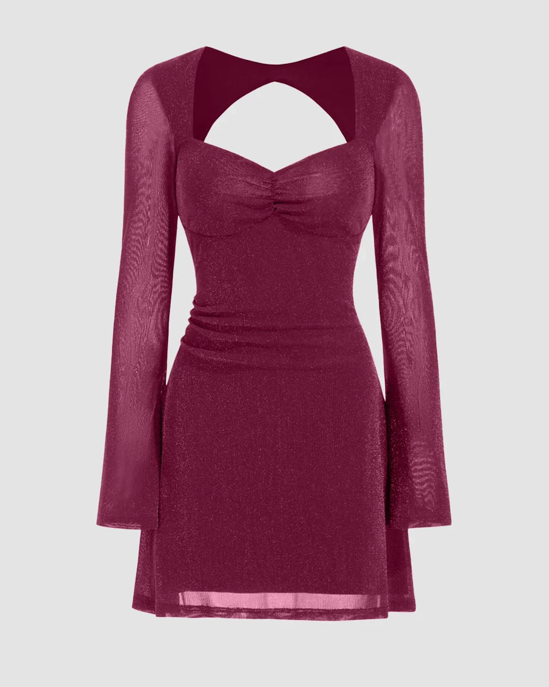 Sweetheart Bell Sleeve Glitter Cut Out Ruched Mini Dress in Maroon